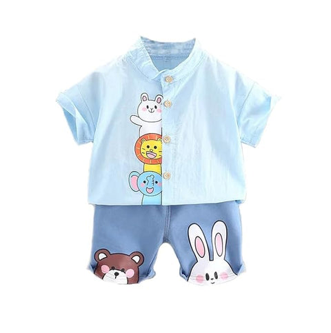 Jungle Friends Printed Short Sleeve Cotton Shirt & Denim Shorts Set for Kids