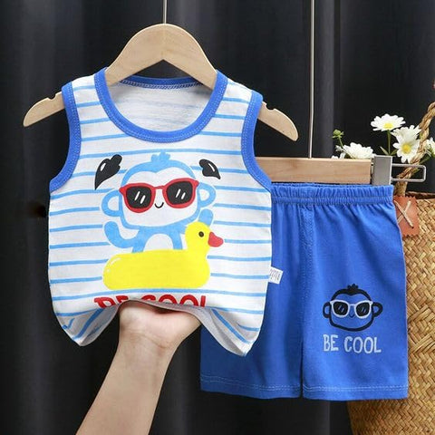 Kid's Cool Cartoon Printed Sleeveless T-Shirt & Shorts Set