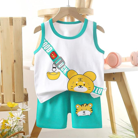 Cute Tiger Printed Sleeveless T-Shirt & Shorts Set