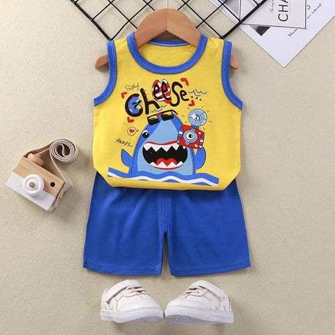 Shark Print Sleeveless T-shirt & Shorts Set
