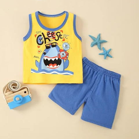 Shark Print Sleeveless T-shirt & Shorts Set