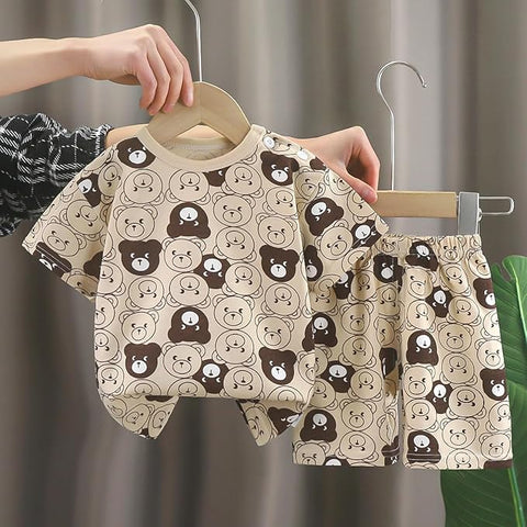Half Sleeve Bear Print Cotton T-shirt & Shorts Set