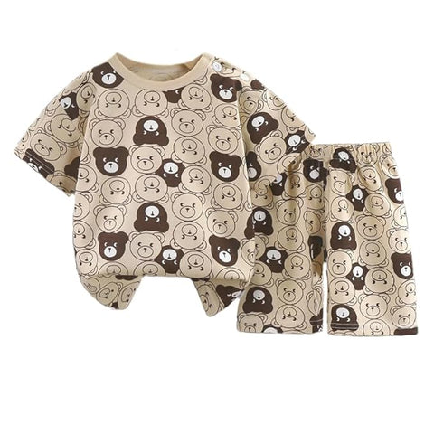 Half Sleeve Bear Print Cotton T-shirt & Shorts Set