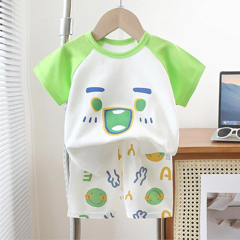 Smiling Face Print Neon T-shirt & Shorts Set For Kids