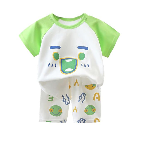 Smiling Face Print Neon T-shirt & Shorts Set For Kids
