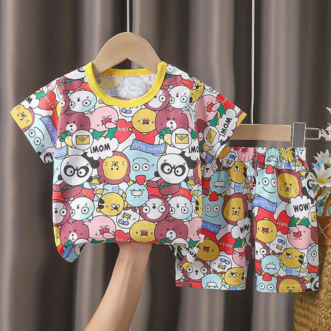 All Over Cartoon Printed T-Shirt & Shorts Set