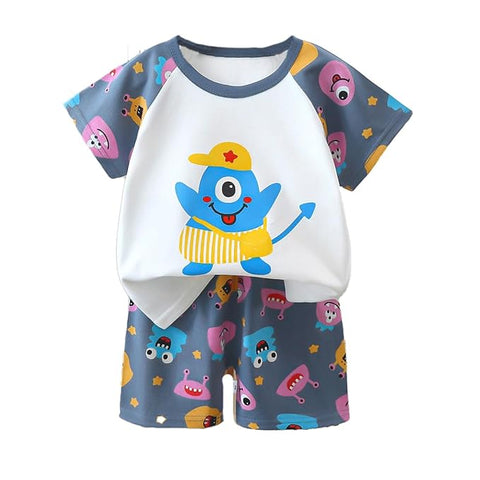 Cute Cartoon Monster Print T-Shirt & Shorts Set For Kids