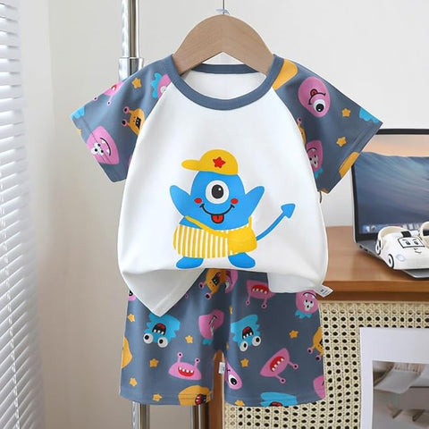 Cute Cartoon Monster Print T-Shirt & Shorts Set For Kids