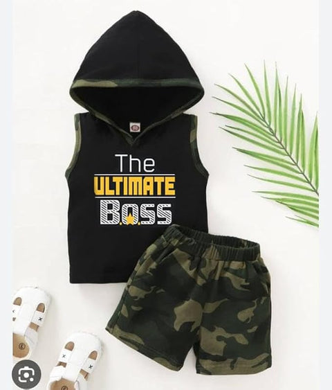 Kid's Sleeveless Baby Boss Text Print Hoodie T-shirt & Shorts Set