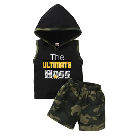 Kid's Sleeveless Baby Boss Text Print Hoodie T-shirt & Shorts Set