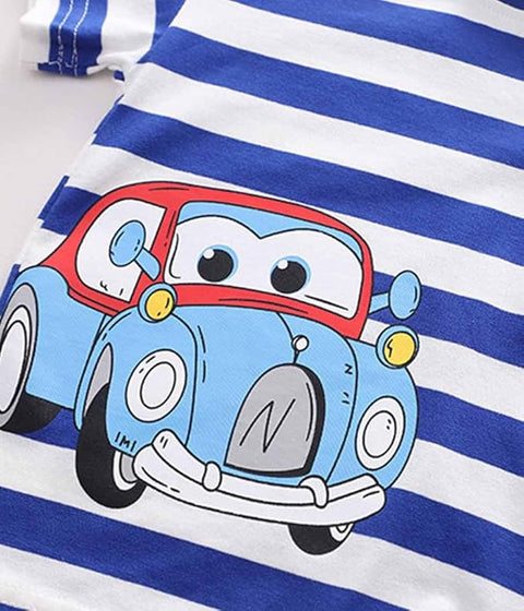 Stripe Printed Cotton T-shirt & Shorts Set For Kids