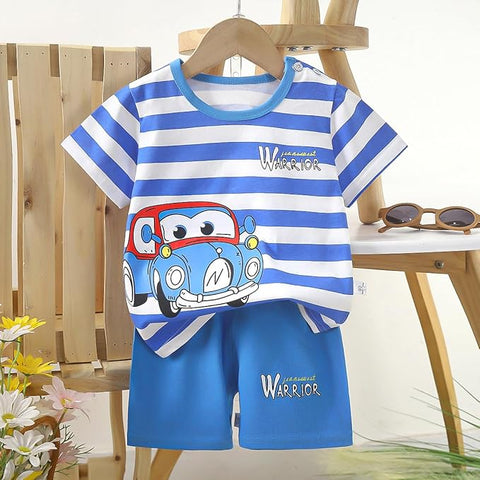 Stripe Printed Cotton T-shirt & Shorts Set For Kids
