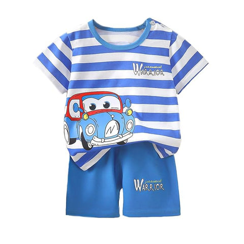 Stripe Printed Cotton T-shirt & Shorts Set For Kids