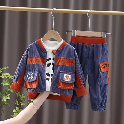 Kids Stylish Winter Partywear Corduroy Suit Coat with T-shirt and Pants