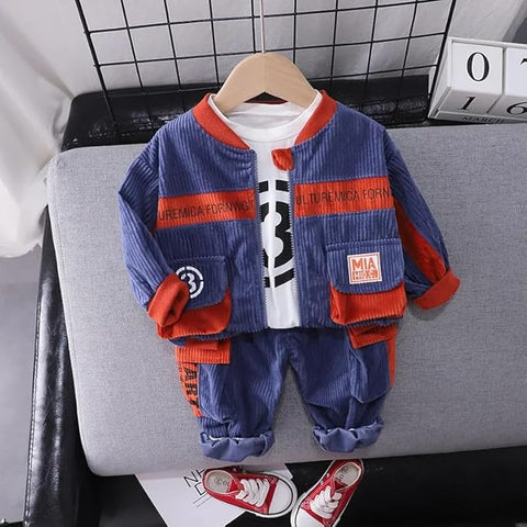 Kids Stylish Winter Partywear Corduroy Suit Coat with T-shirt and Pants