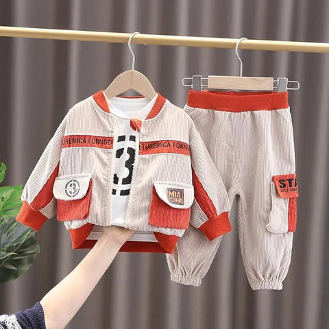 Kids Stylish Winter Partywear Corduroy Suit Coat with T-shirt and Pants