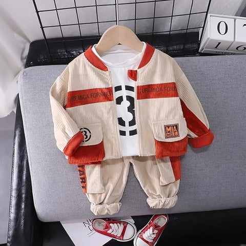 Kids Stylish Winter Partywear Corduroy Suit Coat with T-shirt and Pants