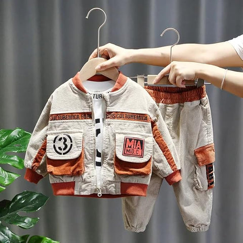 Kids Stylish Winter Partywear Corduroy Suit Coat with T-shirt and Pants