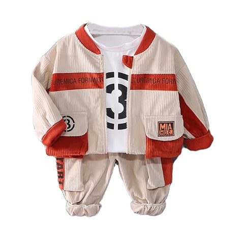 Kids Stylish Winter Partywear Corduroy Suit Coat with T-shirt and Pants