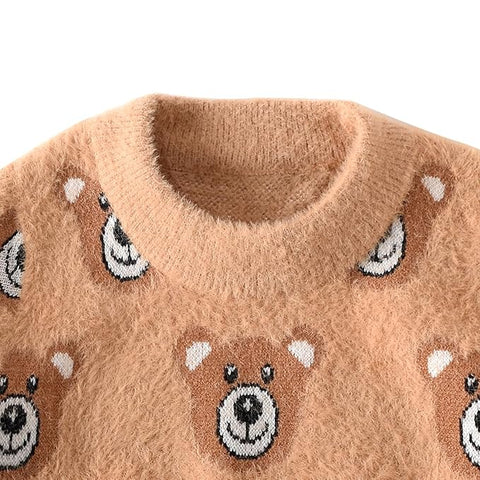 Kid's Bear AOP Soft Fur Woollen Winter Pullover Sweater