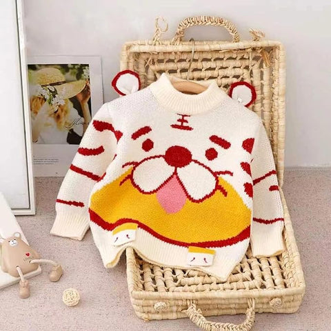 Tiger Face Print 3D Kid's Full Sleeve Warm Woollen Winter Pullover Sweater