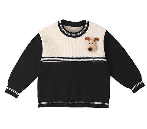 Kids Color-block Knit Sweater with 3D Dog Patch