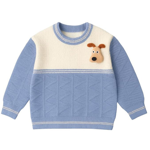 Kids Color-block Knit Sweater with 3D Dog Patch