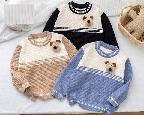 Kids Color-block Knit Sweater with 3D Dog Patch
