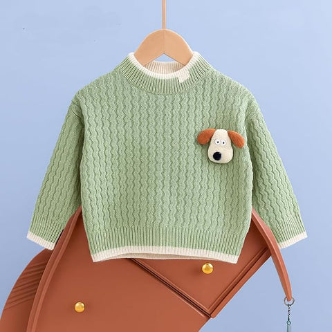 Kids Green Textured Knit Sweater with Dog Patch