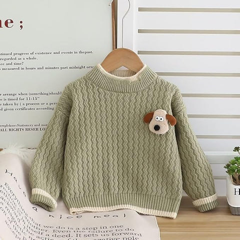 Kids Green Textured Knit Sweater with Dog Patch