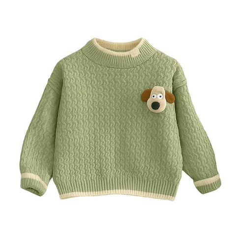 Kids Green Textured Knit Sweater with Dog Patch