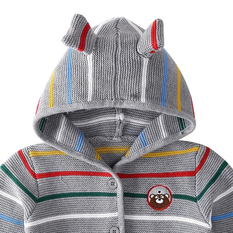 Kid's Warm Striped Front Open Flat Knit Hoodie Sweater Cardigan for Boys & Girls