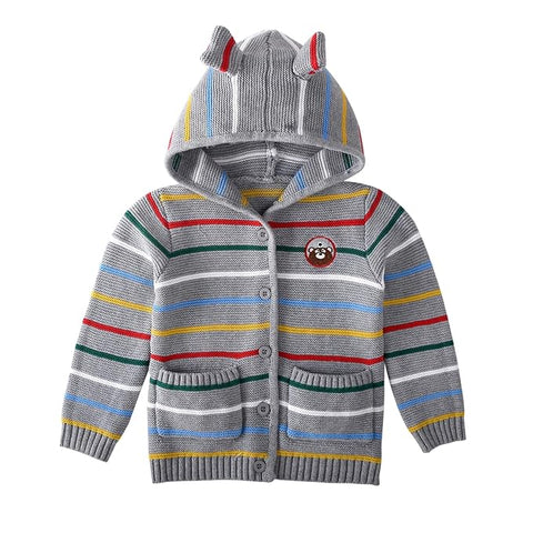 Kid's Warm Striped Front Open Flat Knit Hoodie Sweater Cardigan for Boys & Girls