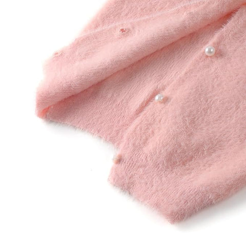 Baby Girl Knitted Front Open Fur Wool Warm Sweater Cardigan with Detachable Bow Brooch