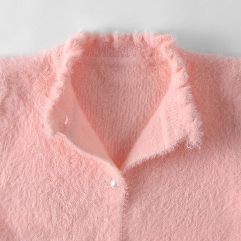 Baby Girl Knitted Front Open Fur Wool Warm Sweater Cardigan with Detachable Bow Brooch