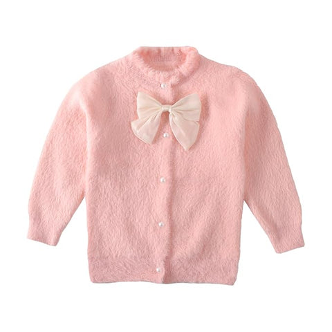 Baby Girl Knitted Front Open Fur Wool Warm Sweater Cardigan with Detachable Bow Brooch