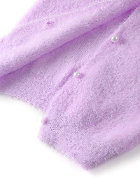 Baby Girl Knitted Front Open Fur Wool Warm Sweater Cardigan with Detachable Bow Brooch