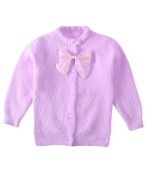 Baby Girl Knitted Front Open Fur Wool Warm Sweater Cardigan with Detachable Bow Brooch