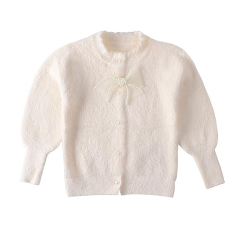 Baby Girl Knitted Front Open Fur Wool Warm Sweater Cardigan with Detachable Bow Brooch