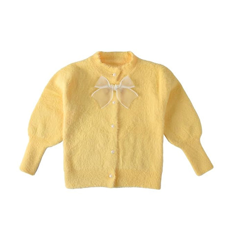 Baby Girl Knitted Front Open Fur Wool Warm Sweater Cardigan with Detachable Bow Brooch
