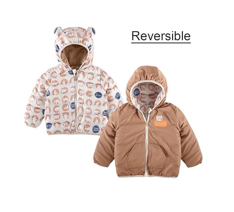 Kid's Cartoon Print Reversible Winter Puffer Jacket For Boys & Girls
