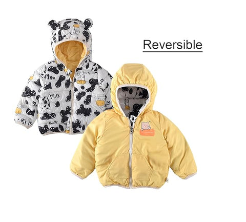 Kid's Cartoon Print Reversible Winter Puffer Jacket For Boys & Girls