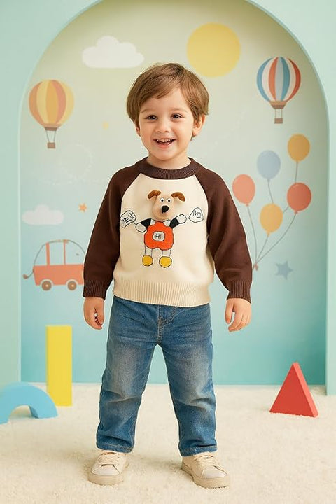 Kid's 3D Dog Print Flat Knit Woolen Sweater Pullover