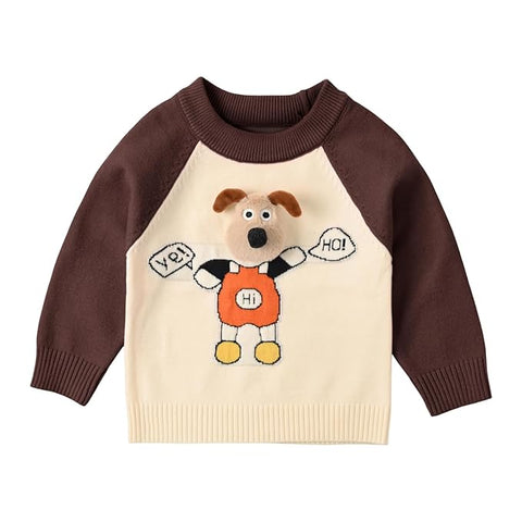 Kid's 3D Dog Print Flat Knit Woolen Sweater Pullover