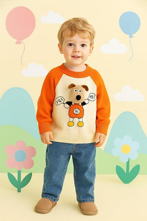 Kid's 3D Dog Print Flat Knit Woolen Sweater Pullover