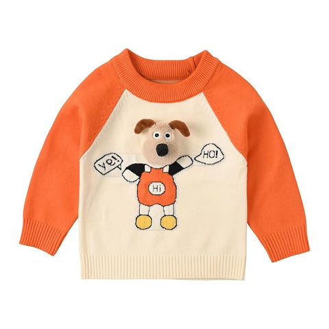 Kid's 3D Dog Print Flat Knit Woolen Sweater Pullover