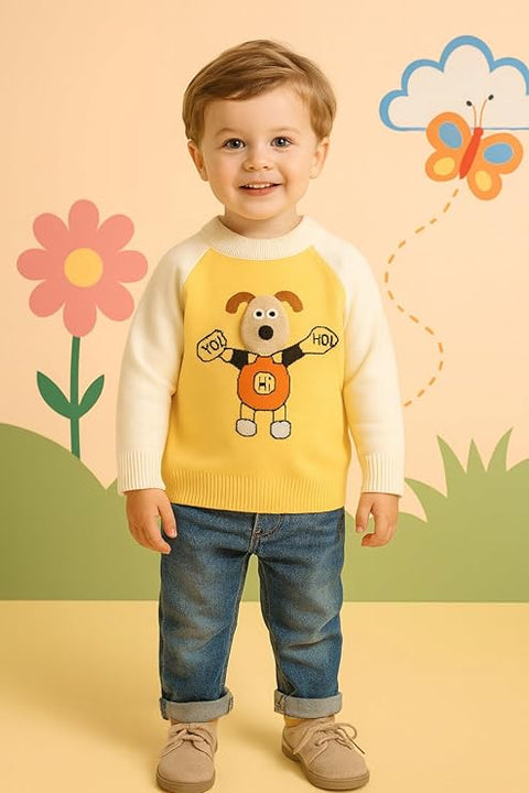Kid's 3D Dog Print Flat Knit Woolen Sweater Pullover