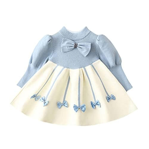 Girl's Winter Warm Woolen Full Sleeve Tulle Tutu Dress with Bows Embellishments