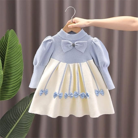Girl's Winter Warm Woolen Full Sleeve Tulle Tutu Dress with Bows Embellishments