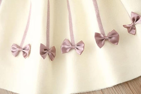 Girl's Winter Warm Woolen Full Sleeve Tulle Tutu Dress with Bows Embellishments